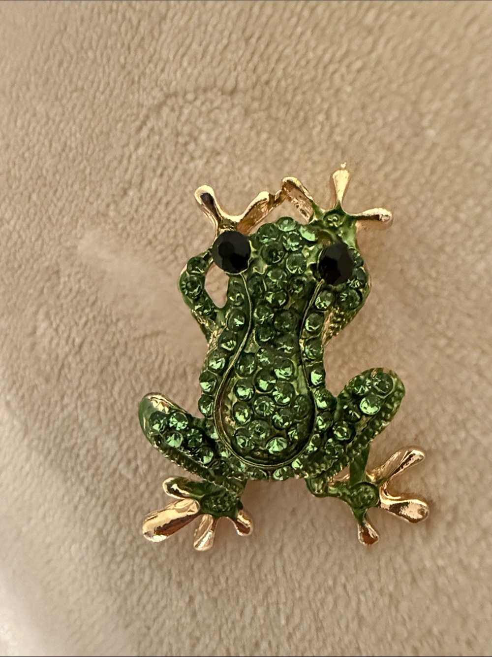 Green Crystal Frog Brooch with Gold Accents